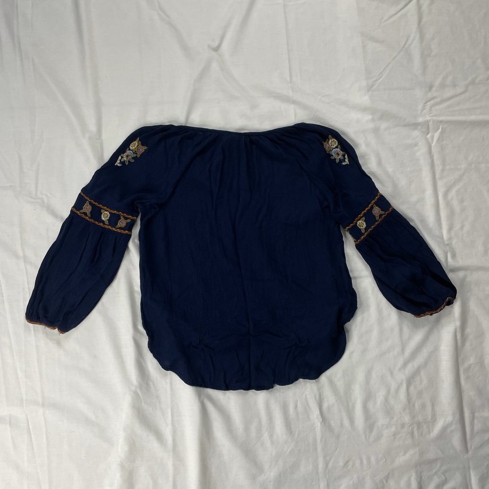 FOREVER 21 Boho Embroidered Peasant Blouse with Tassels, Small - Picture 3 of 5